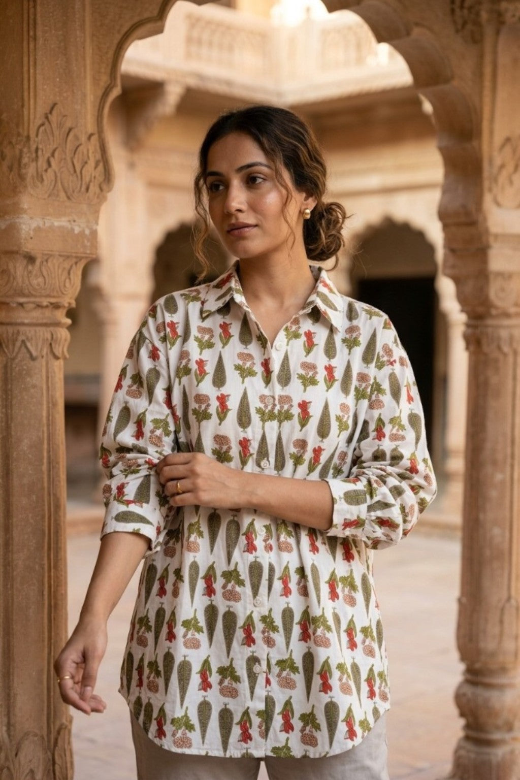 women wearing THE CITY PALACE CYPRESS HANDBLOCK SHIRT, a floral inspired hand-block cotton shirt from M R JAIPUR