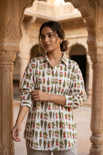 women wearing THE CITY PALACE CYPRESS HANDBLOCK SHIRT, a floral inspired hand-block cotton shirt from M R JAIPUR