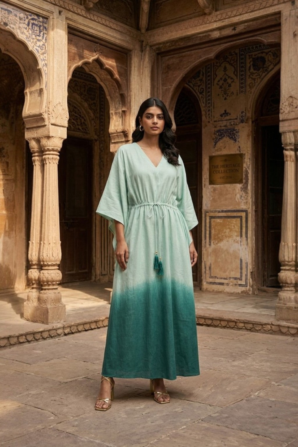 women wearing KAFTAN, a green hand-dyed premium 100% Viscose/Silk Blend kaftan from M R JAIPUR