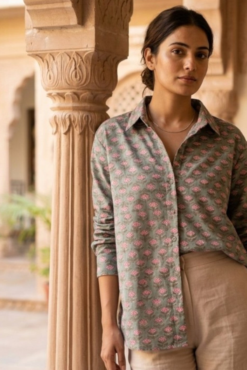 women wearing THE JAL MAHAL HANDBLOCK SHIRT, a floral inspired hand-block cotton shirt from M R JAIPUR