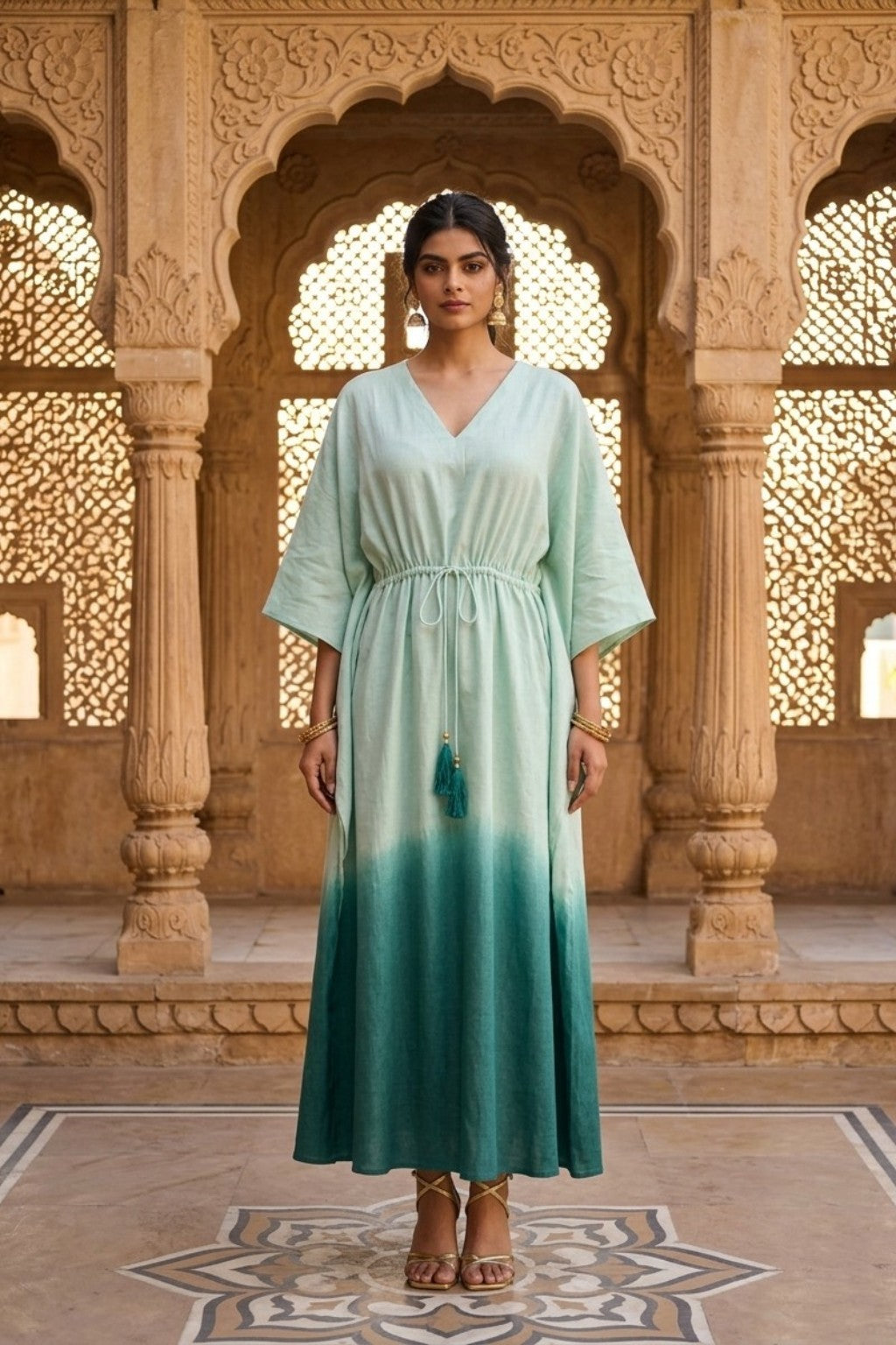 women wearing KAFTAN, a green hand-dyed premium 100% Viscose/Silk Blend kaftan from M R JAIPUR