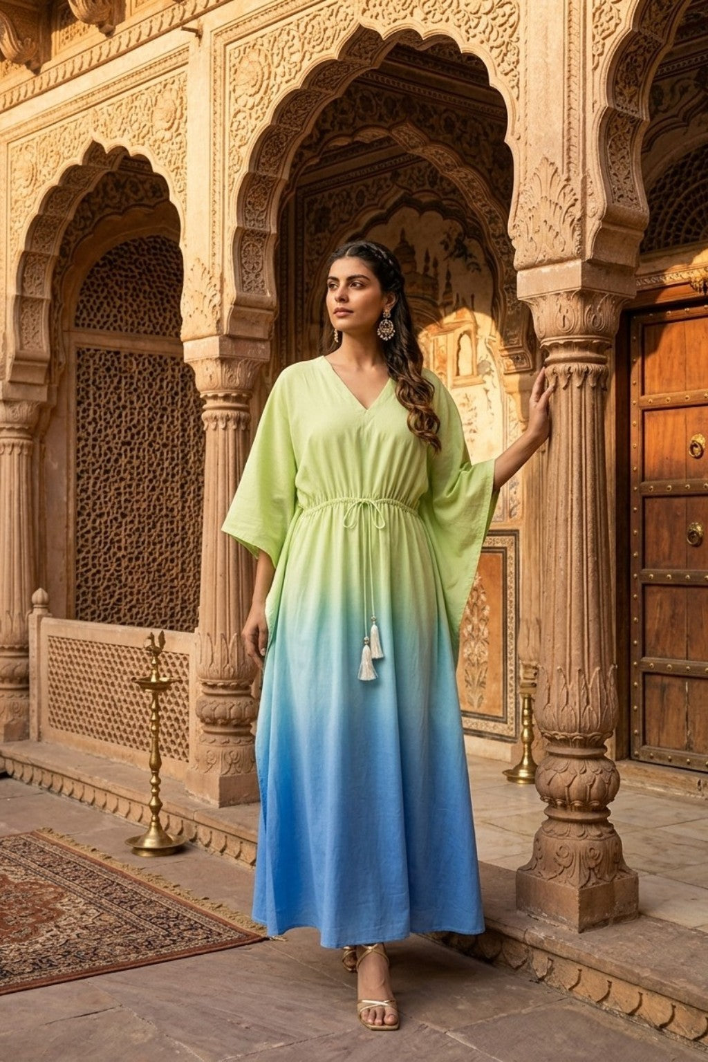 women wearing KAFTAN, a green blue hand-dyed premium 100% Viscose/Silk Blend kaftan from M R JAIPUR