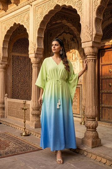 women wearing KAFTAN, a green blue hand-dyed premium 100% Viscose/Silk Blend kaftan from M R JAIPUR