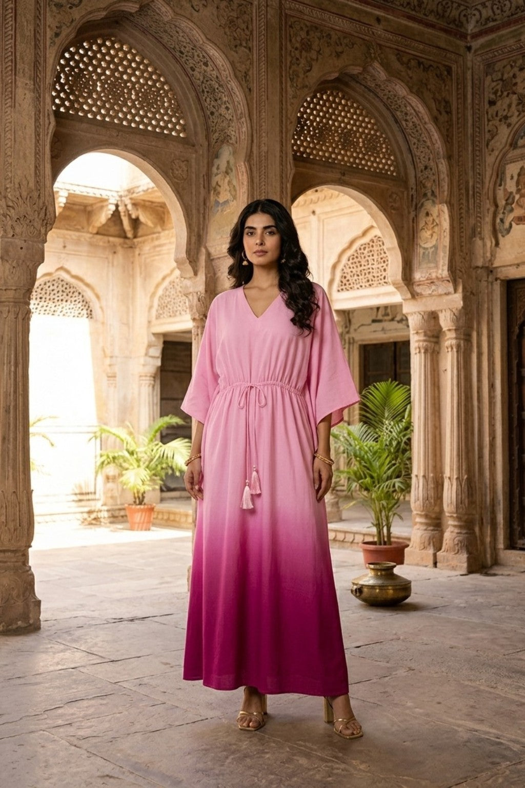 women wearing KAFTAN, a pink hand-dyed premium 100% Viscose/Silk Blend kaftan from M R JAIPUR