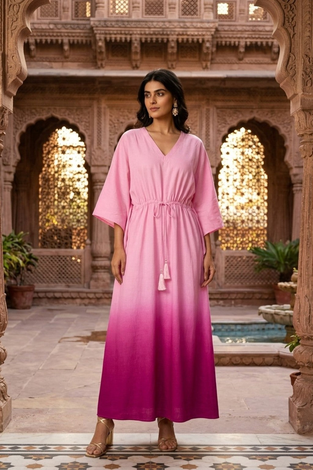 women wearing KAFTAN, a pink hand-dyed premium 100% Viscose/Silk Blend kaftan from M R JAIPUR