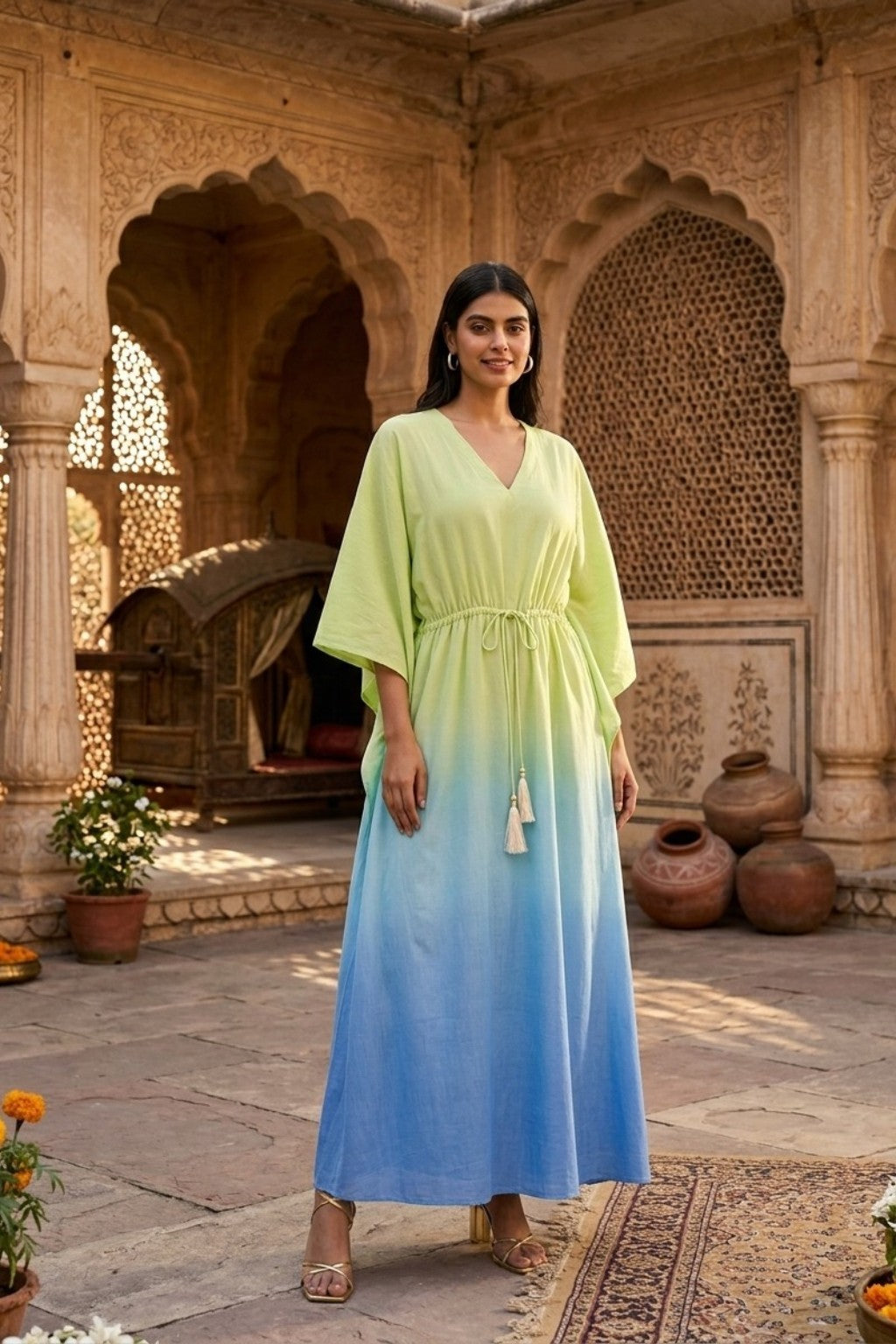 women wearing KAFTAN, a green blue hand-dyed premium 100% Viscose/Silk Blend kaftan from M R JAIPUR