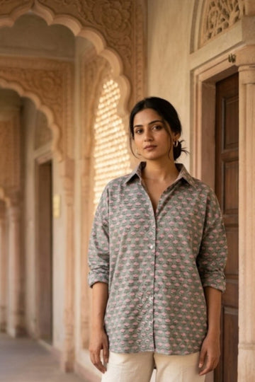 women wearing THE JAL MAHAL HANDBLOCK SHIRT, a floral inspired hand-block cotton shirt from M R JAIPUR