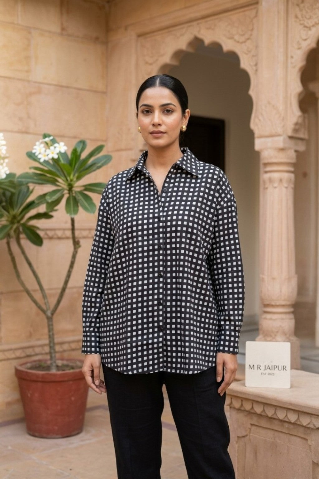 women wearing THE KAALI JAALI HANDBLOCK SHIRT, a jaali inspired hand-block cotton shirt from M R JAIPUR
