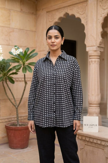 women wearing THE KAALI JAALI HANDBLOCK SHIRT, a jaali inspired hand-block cotton shirt from M R JAIPUR