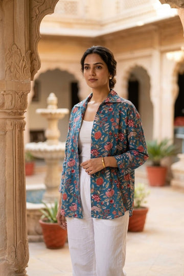 women wearing THE NEELBAGH HANDBLOCK SHIRT, a floral inspired hand-block cotton shirt from M R JAIPUR