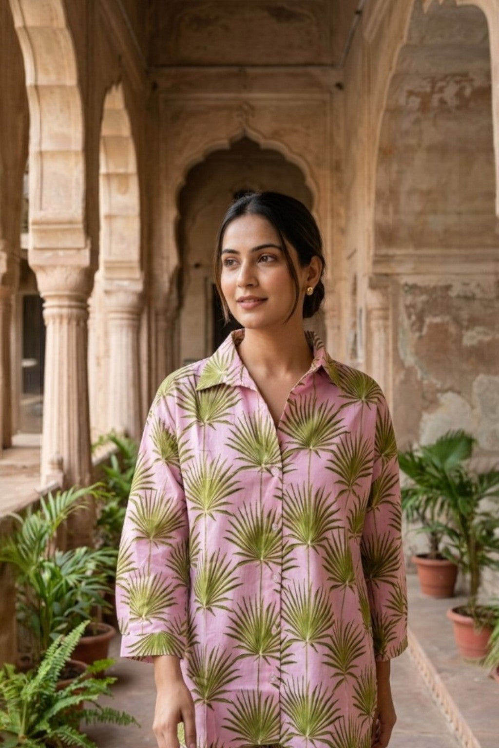 women wearing THE PALACE PALM HANDBLOCK SHIRT, a palm inspired hand-block cotton shirt from M R JAIPUR