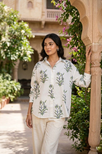 women wearing THE RAMBAGH LAVENDER HANDBLOCK SHIRT, a floral inspired hand-block cotton shirt from M R JAIPUR