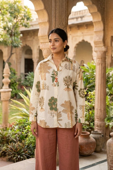 women wearing THE SISODIA PALM HANDBLOCK SHIRT, a palm inspired hand-block cotton shirt from M R JAIPUR