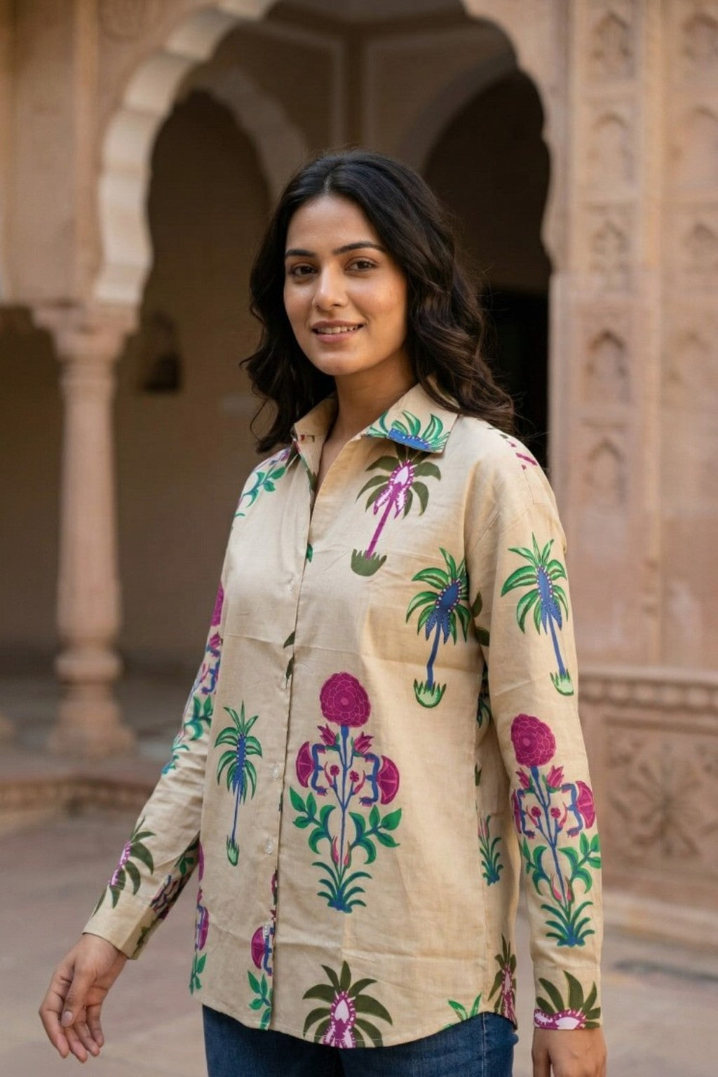 women wearing THE AMER PALM HANDBLOCK SHIRT, a amer palm inspired hand-block cotton shirt from M R JAIPUR