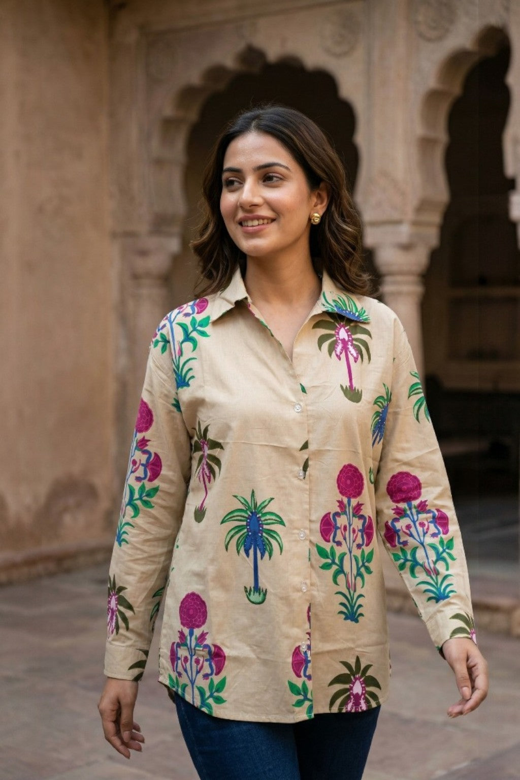 women wearing THE AMER PALM HANDBLOCK SHIRT, a amer palm inspired hand-block cotton shirt from M R JAIPUR