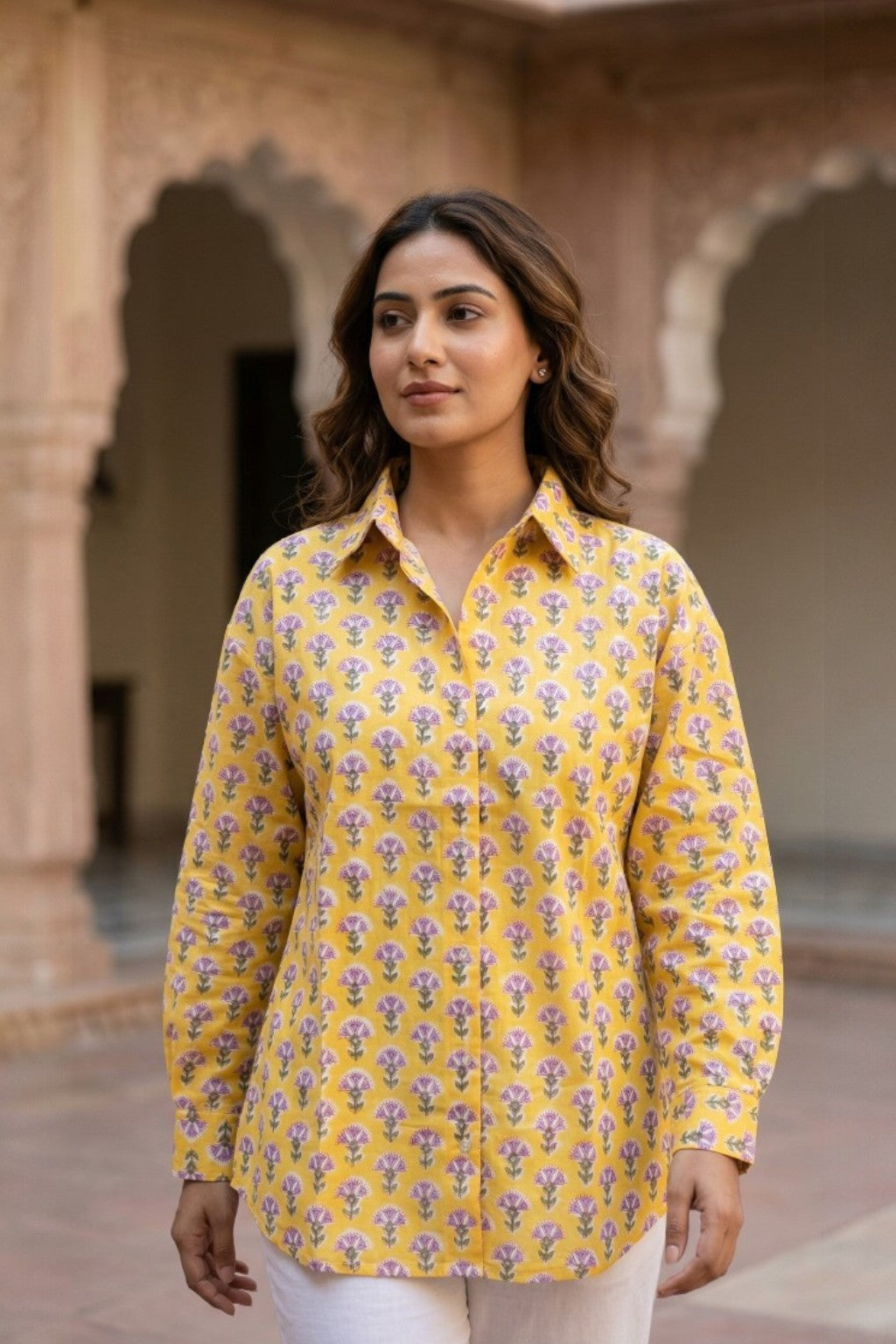 women wearing THE PALACE BLOOM HANDBLOCK SHIRT, a floral inspired hand-block cotton shirt from M R JAIPUR