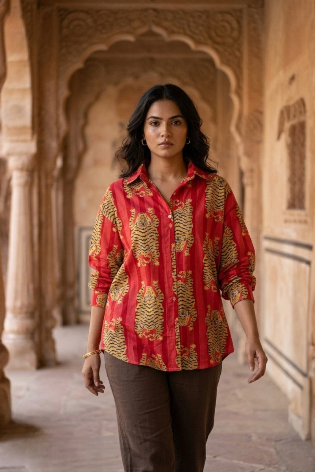 women wearing THE RANTHAMBORE TIGER HANDBLOCK SHIRT, a tiger inspired hand-block cotton shirt from M R JAIPUR