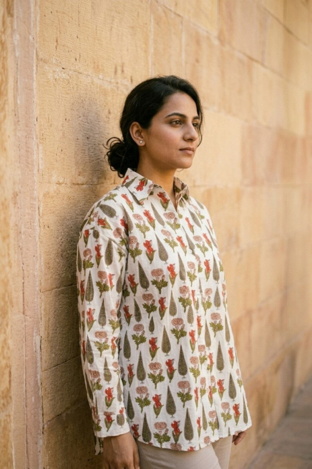 women wearing THE CITY PALACE CYPRESS HANDBLOCK SHIRT, a floral inspired hand-block cotton shirt from M R JAIPUR