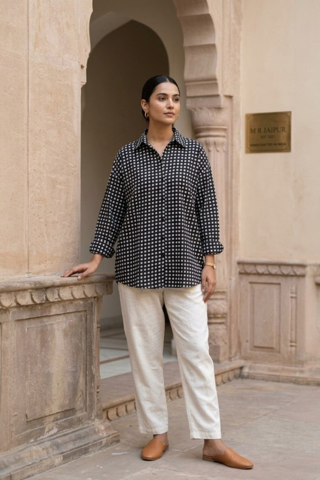 women wearing THE KAALI JAALI HANDBLOCK SHIRT, a jaali inspired hand-block cotton shirt from M R JAIPUR