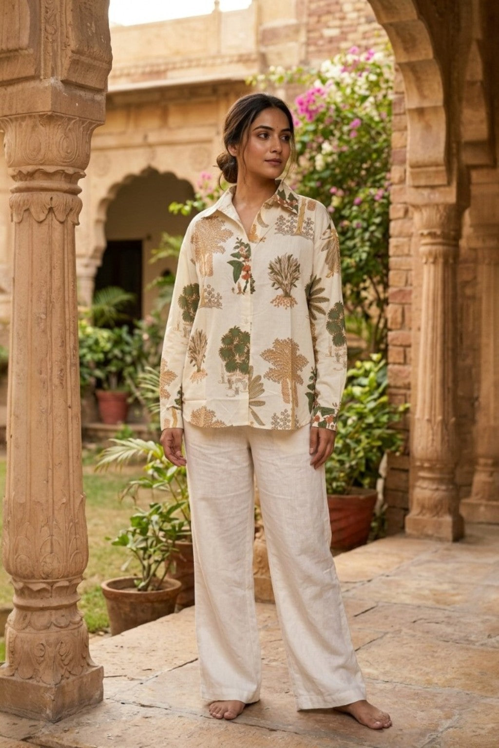women wearing THE SISODIA PALM HANDBLOCK SHIRT, a palm inspired hand-block cotton shirt from M R JAIPUR