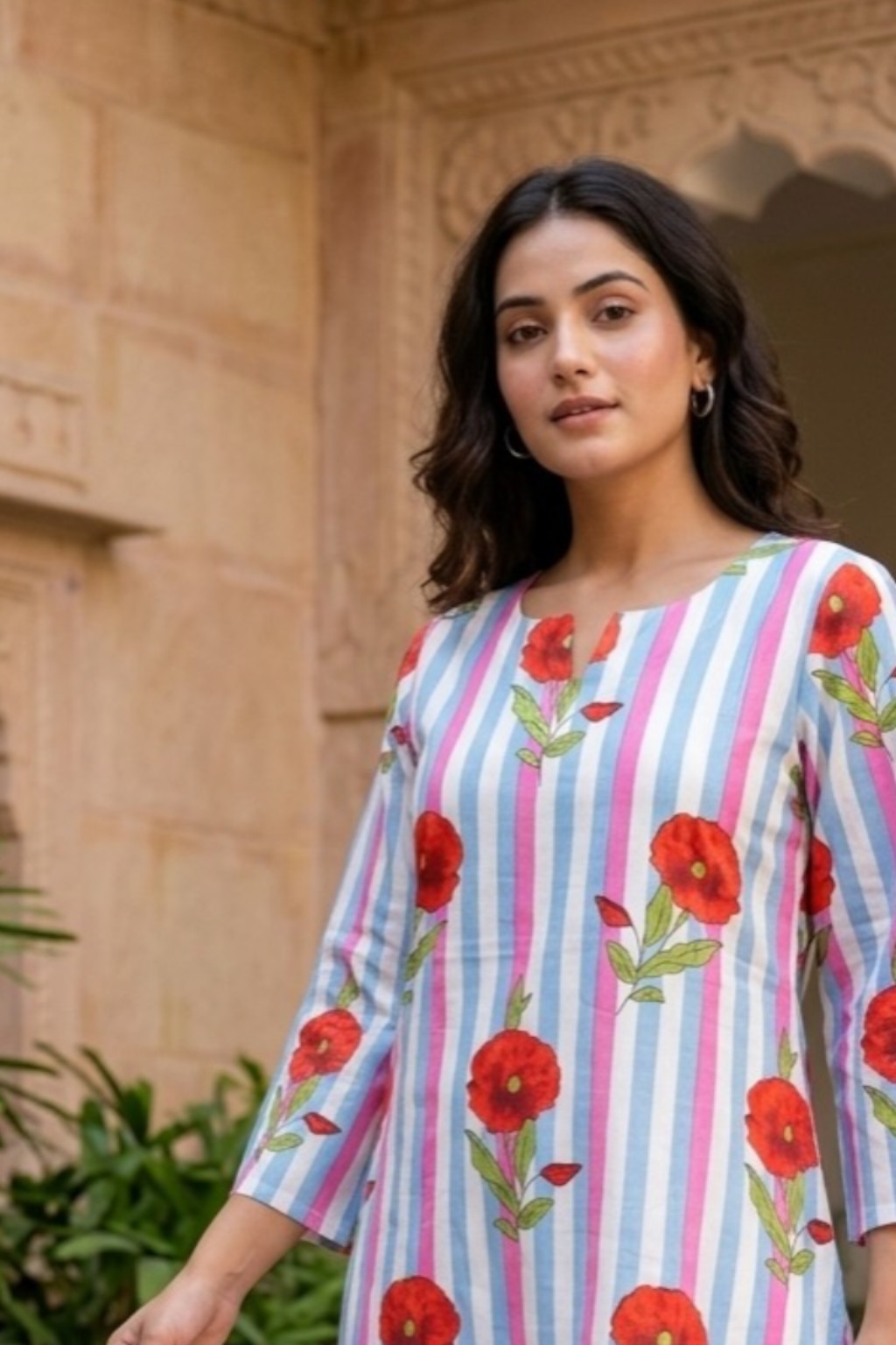 SAWAI RED BLOOM HANDBLOCK KURTI