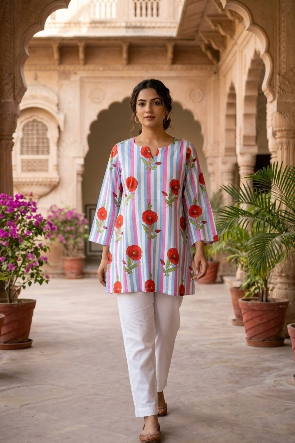 SAWAI RED BLOOM HANDBLOCK KURTI