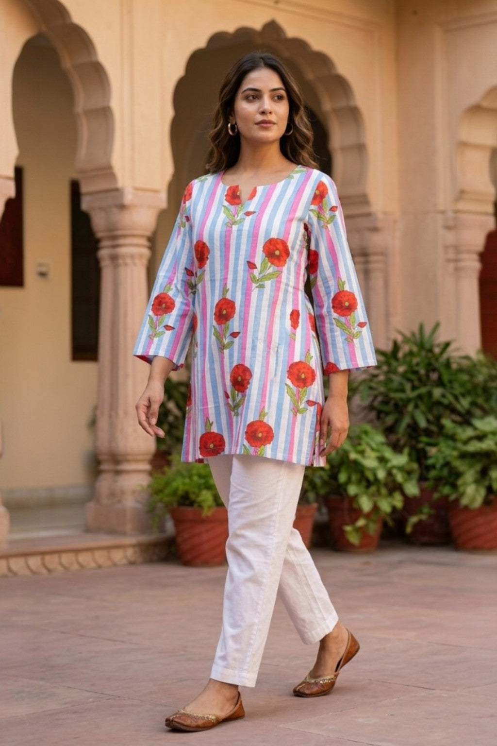 SAWAI RED BLOOM HANDBLOCK KURTI