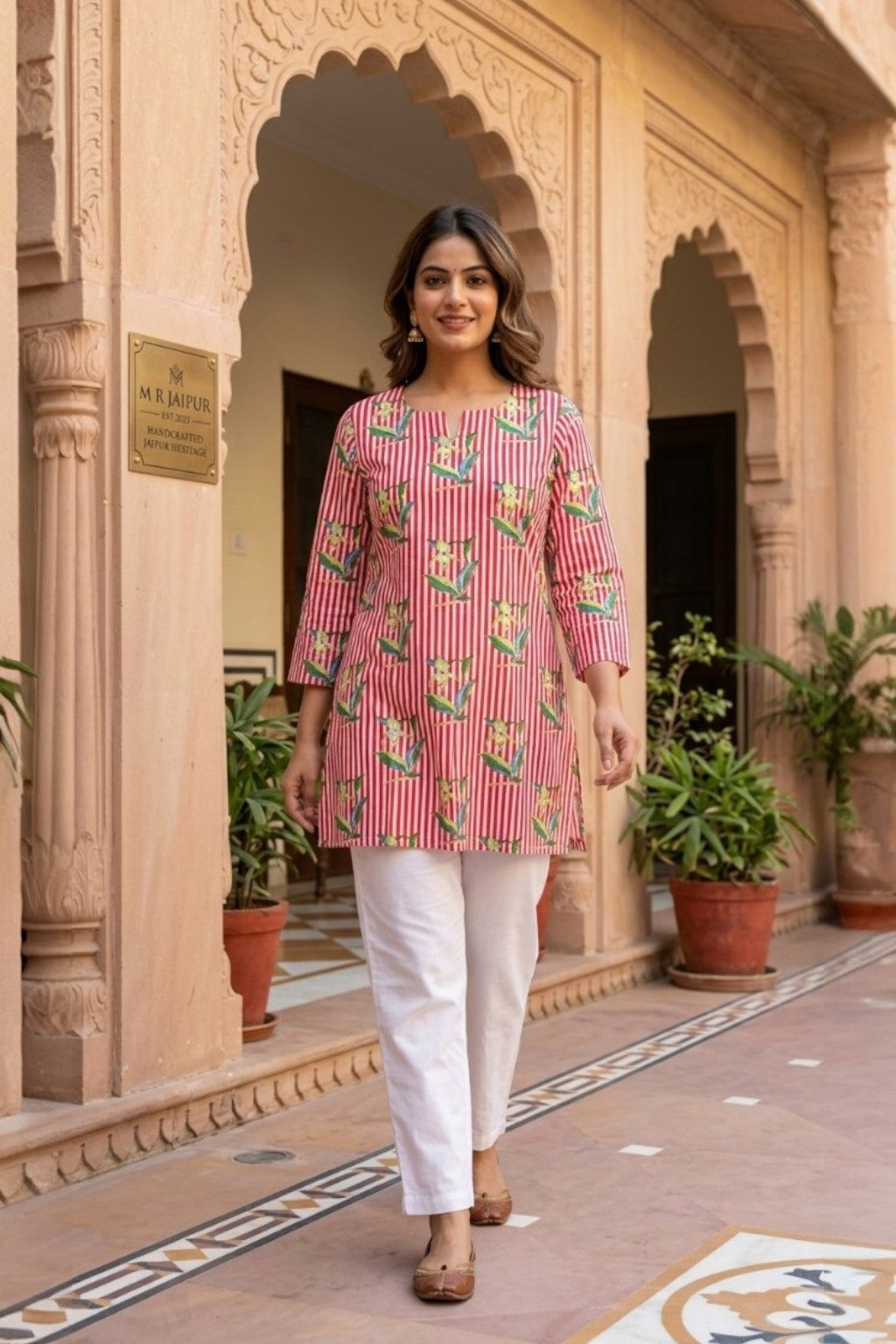 women wearing THE SURKH TARANG HANDBLOCK KURTI, a red stripes inspired hand-block cotton kurti from M R JAIPUR