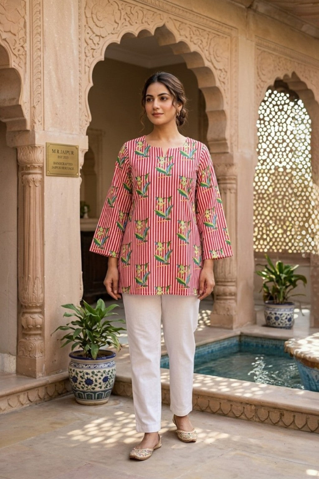 women wearing THE SURKH TARANG HANDBLOCK KURTI, a red stripes inspired hand-block cotton kurti from M R JAIPUR