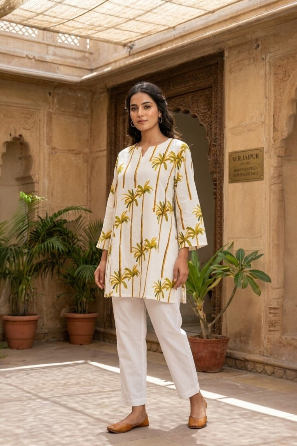 women wearing THE HAVELI TAAL HANDBLOCK KURTI, a palm inspired hand-block cotton kurti from M R JAIPUR