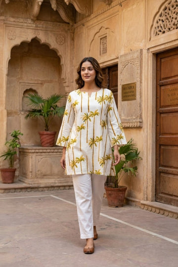 women wearing THE HAVELI TAAL HANDBLOCK KURTI, a palm inspired hand-block cotton kurti from M R JAIPUR