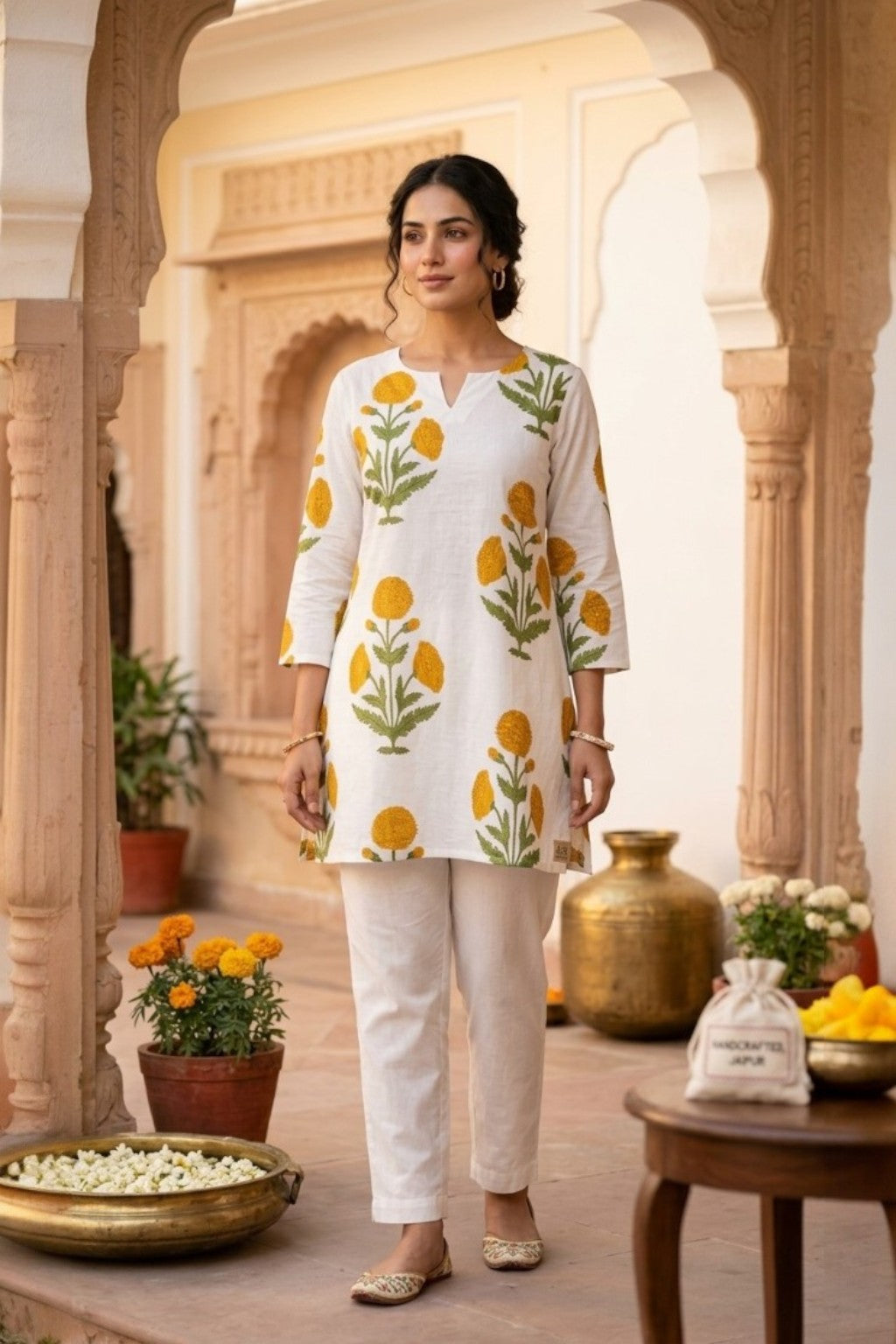women wearing THE PALAASH BUTTI HANDBLOCK KURTI, a white floral inspired hand-block cotton kurti from M R JAIPUR