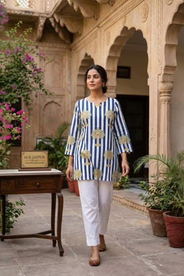 women wearing THE JAL BUTTI HANDBLOCK KURTI, a blue stripes inspired hand-block cotton kurti from M R JAIPUR