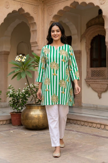 women wearing THE VANA BUTTI HANDBLOCK KURTI, a green stripes inspired hand-block cotton kurti from M R JAIPUR