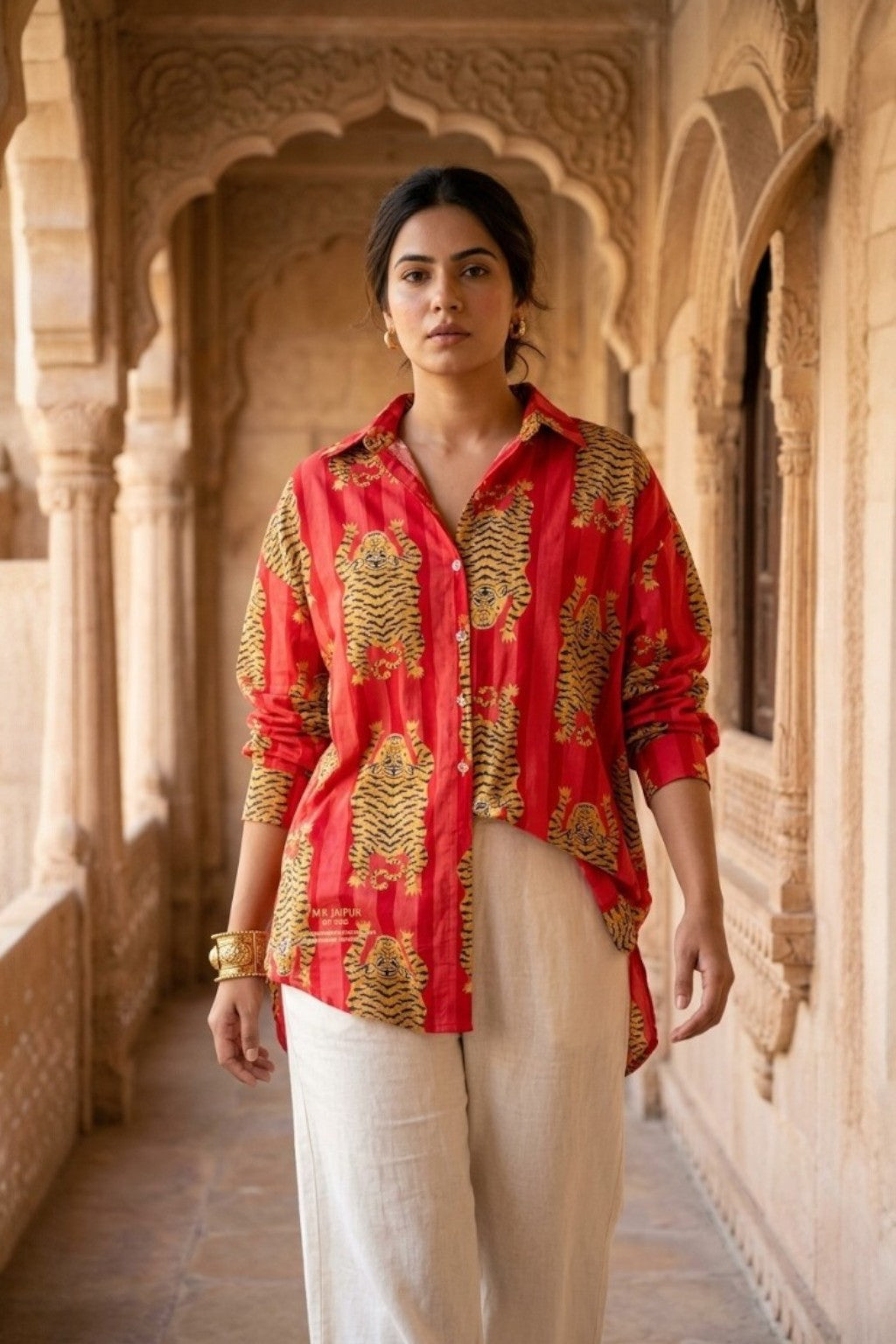 women wearing THE RANTHAMBORE TIGER HANDBLOCK SHIRT, a tiger inspired hand-block cotton shirt from M R JAIPUR